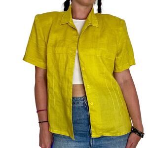 Vintage 1990s Ann Gerlin Chartreuse Linen Blouse Button Up Short Sleeve Tailored